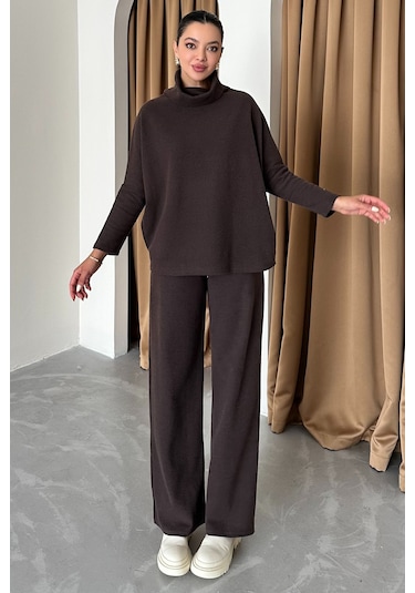 Modagen Kadın Selanik Kumaş Balıkçı Yaka Alt Üst Takım Kahve