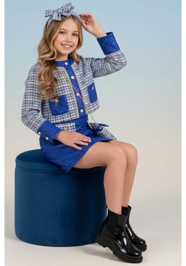 Riccotarz Kız Çocuk Kapitone Ve Altın Şerit Detaylı Şanel Mavi Etekli Takım Mavi