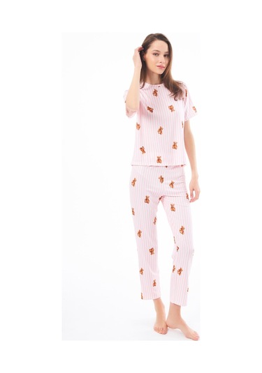Premium Kadın Pijama Takımı Krem Ayıcık Desenli Yumuşak Dokulu Kısa Kollu Bisiklet Yaka Pembe