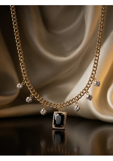 Baget Model Zirkon Taşlı Gold Siyah Renkli Çelik Kolye