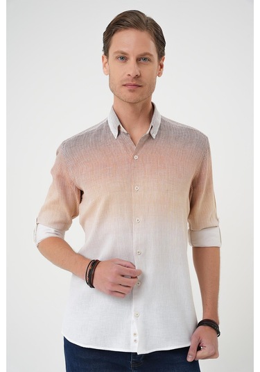 Comfort Fit Apoletli Degrade Desen Esnek Pamuk Bej Gömlek G 1575 Bej
