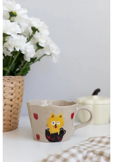 Perex Kedi Figürlü Kupa, Seramik Kupa, Kalp Desenli Kupa 312703845 Bej