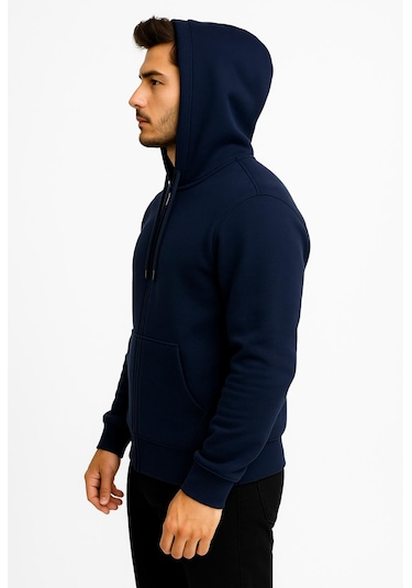 Axxel Erkek Lacivert Fermuarlı Kapüşonlu Sweatshirt-w590 Lacivert 3 İplik Şardonlu