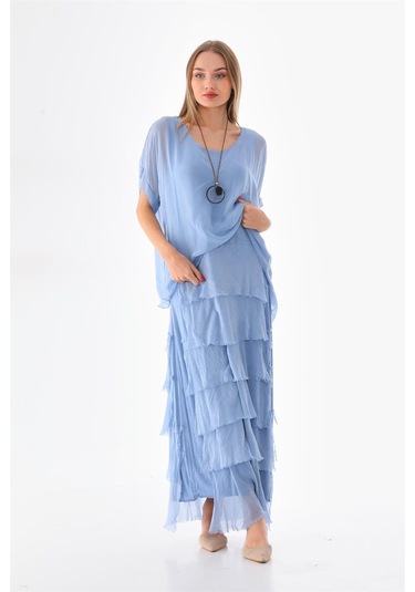 İtalyan 2 Beden İnce Gösteren Yarım Kol Kat Kat Ipek Elbise İndigo Mavi İndigo - Mavi