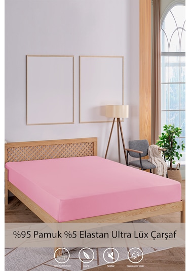 Penye-likralı Lastikli Çarşaf, 100 200 Tek Kişilik %100 Pamuk-elastan Örme Kumaş, 200 Gr/m²v Pembe