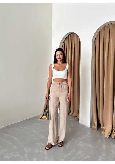 Vizon %100 Keten Palazzo Pantolon Vizon