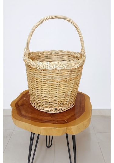 Doğal El Yapımı Hasır Sepet Örgülü - Dekoratif & Çok Amaçlı Büyük Boy Saplı Bej - Sarı