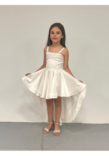 Kız Çocuk Abiye Krem Saten Kuyruklu Yaka Şerit Taşlı Abiye Elbise 5-10 Yaşyaş Krem