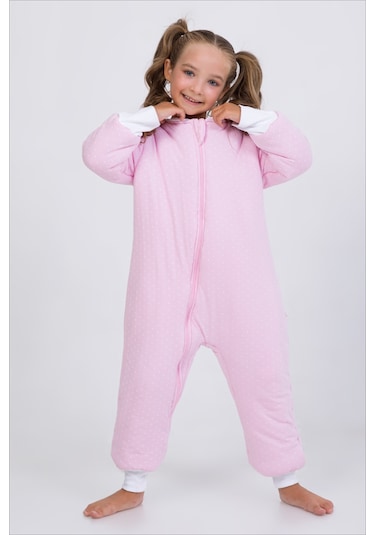 Kalın Elyaf Dolgulu Premium Kalite 2.5 Tog Desenli Unisex Çocuk Uyku Tulumu Şeker Pembe