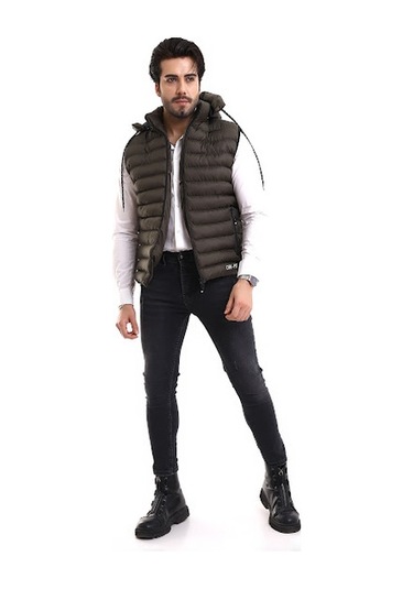 Erkek Iç Cepli Çıkartılabilir Fermuarlı Kapüşon Şişme Yelek Haki