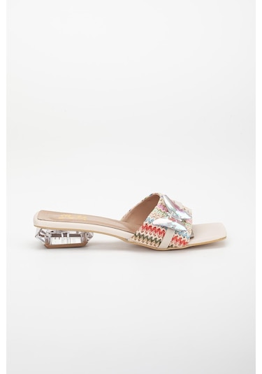 Hasır Kelebek Taş Tokalı Nude Kadın Kısa Topuklu Terlik-3090-nude Ten