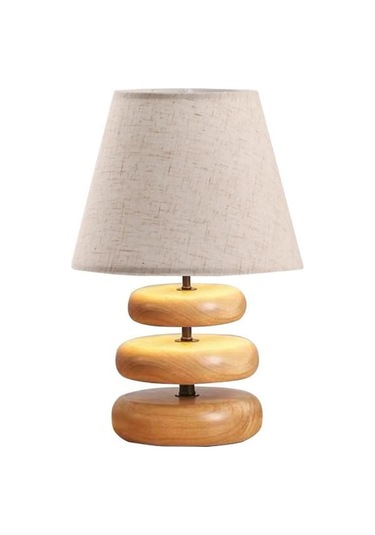 Afro Masif Ahşap Ayaklı Krem Keten Kumaş Şapkalı Dekoratif Abajur Keten