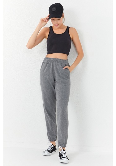 Tommy Life Füme Basic Sıfır Kol Dar Kalıp U Yaka Kadın Crop Top Atlet - 97160 Füme