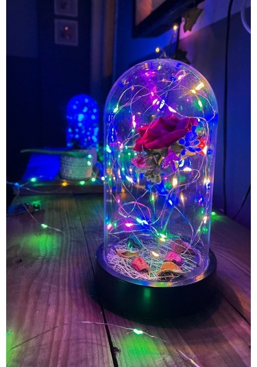 Anneler Gününe Özel Kırmızı Gül Rgb Fanus Lamba Usb'li Yapay Çiçek Dekoratif Aydınlatma Hediyelik