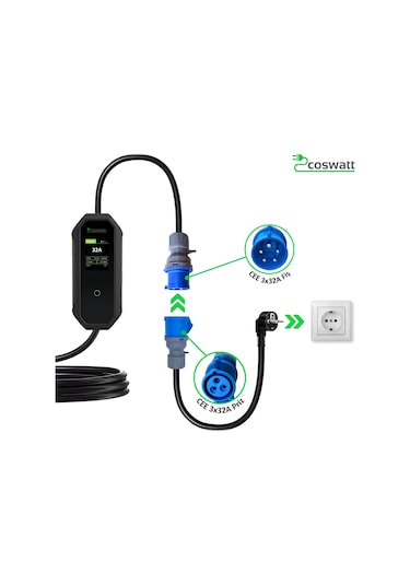 Coswatt Elektrikli Araç Taşınabilir Şarj Cihazı 7kW-32A-Tip2 Soket-Türkçe Menü-5M-3x32A Fiş-220V AC