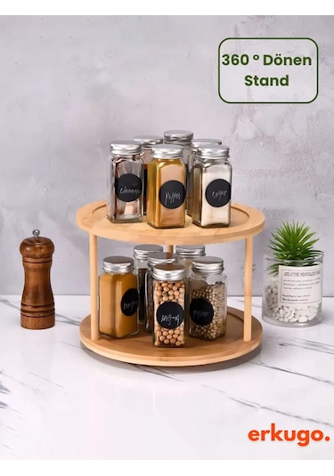 Bambu 360 Dönen 2 Katlı Baharatlık Düzenleyici , Sunumluk, Organizer, Katlı Stant Bambu