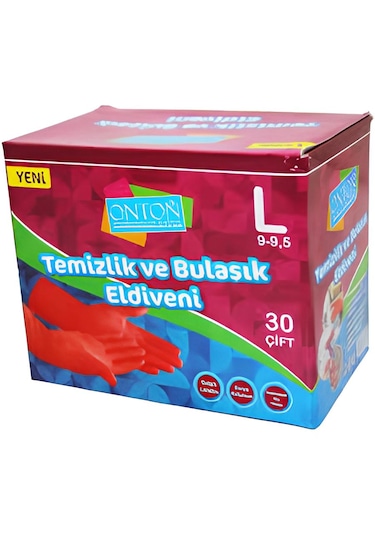Onton Bulaşık Ve Temizlik Eldiveni 30 Çift L Beden 9 - 9,5 Kırmızı Lateks