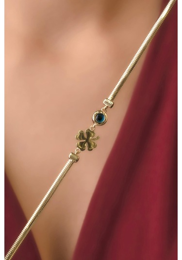 Fiyonk Kuyumculuk 14 Ayar Altın Şans Yoncası Ve Göz Detaylı İtalyan Balıksırtı Bileklik Blk8073 Beyaz Altın