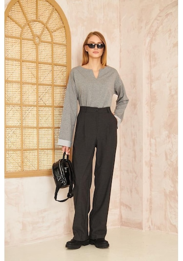 Kadın Ekstra Uzun Duble Kol / Yakası Yırtmaçlı Salaş Sweatshirt Bluz 3470190 Gri