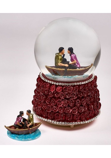 Kar Küresi Gonca Buket Büyük 120 Mm El Boyaması, Müzikli Kendinden Üflemeli, Sandalda Sevgililer