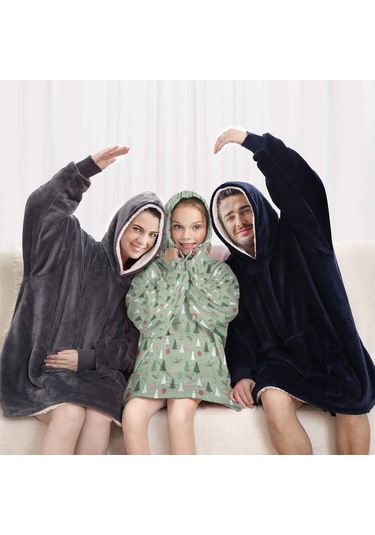 Noel Temalı 6-13 Yaş Çocuk Giyilebilir Battaniye Hoodie, Kalın Peluş, Büyük Boy-a145 Krem - Pembe