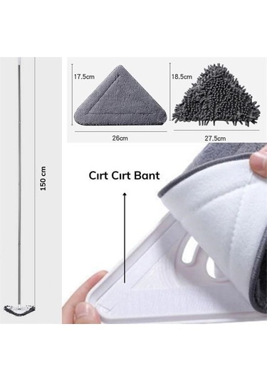 Zmc Bilişim Teleskopik Saplı 150 Cm Üçgen Mop Cam Duvar Tavan Fayans Parke Temizleyici Mop