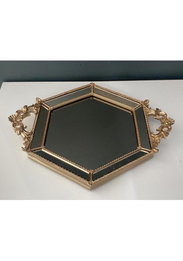 Selim Dekor Altıgen Aynalı Tepsi Vizon