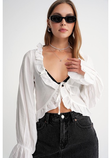4712 Kadın Volanlı Modal Bolero Bluz Beyaz Beyaz