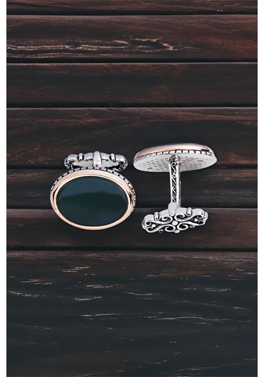 ​​​​​Gümüş Yeşil Akik Taşlı Oval Kol Düğmesi -5797 Gümüş