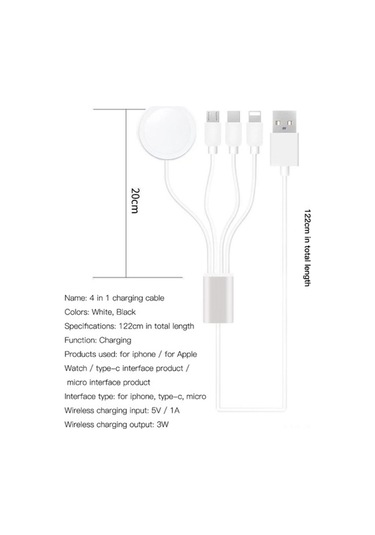 Sandwich Genel Kullanım Beyaz Akıllı Saat Şarj Kablosu, 3w Qi, Abs/tpe, 4ft, 5v/1a Çıkış