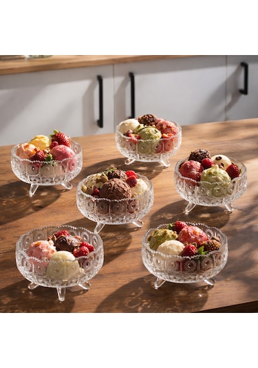 Porsima Rygx074-1 Dream Bowl 6lı Ayaklı Cam Kase Puding Tatlı Ve Dondurma Kasesi Lokumluk Şekerlik Kase Seti Çerez Kasesi 11x11cm Şeffaf
