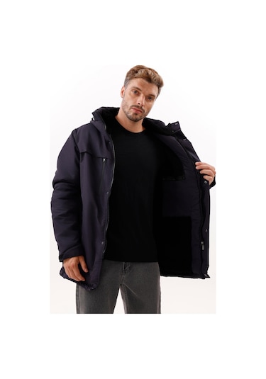 Erkek Polarlı Kürklü Su Ve Rüzgar Geçirmez Kapüşonlu Kışlık Mont & Kaban & Parka - Elyaflamalı Lacivert