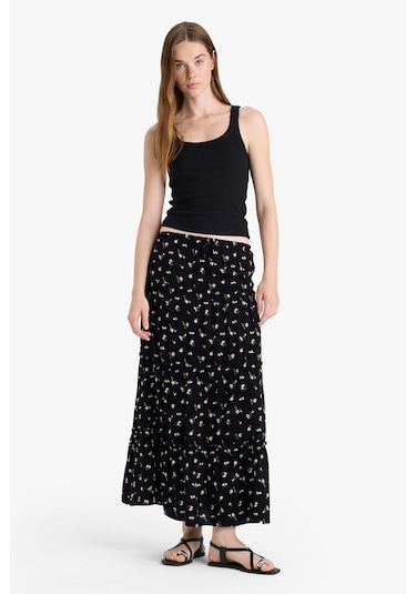 Defacto Çiçek Desenli Yüksek Bel Pamuk Astarlı Maxi Etek F9460ax25hsbk27 Siyah