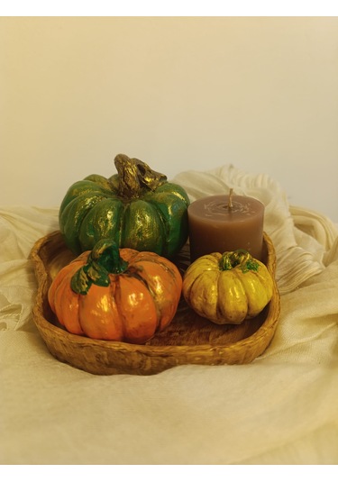 Kabak Figürlü Dekor Seti Doğal Masa Süsleri-kabak & Mum Seti-biblo Dekoratif Tepsili Set B Boy Yeşil Tepsili Set