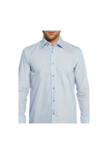 Mavi Klasik Kesim Uzun Kol Düz Renk Erkek Gömlek // 150-5 Mavi Beyaz Mavi - Beyaz
