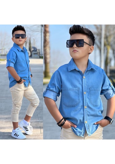 Modavals Tensel Denim Gömlek Gabardin Pantolon Erkek Çocuk Alt & Üst Takım Mavi