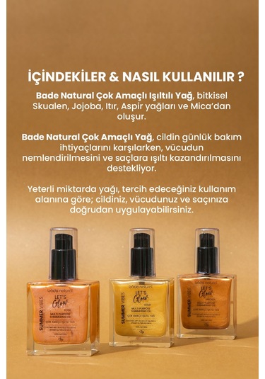 Bade Natural Gold Bitkisel Skualan İçerikli Çok Amaçlı Nemlendirici﻿﻿ Işıltılı Yağ 50 ML