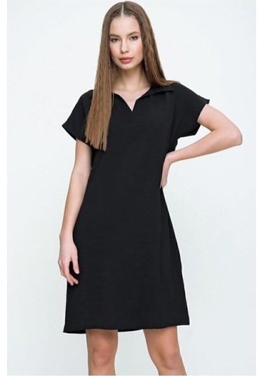 Kadın Bol Kesim Polo Yaka Kısa Kollu Günlük Kısa Midi Elbise Dizüstü 2883200 Siyah