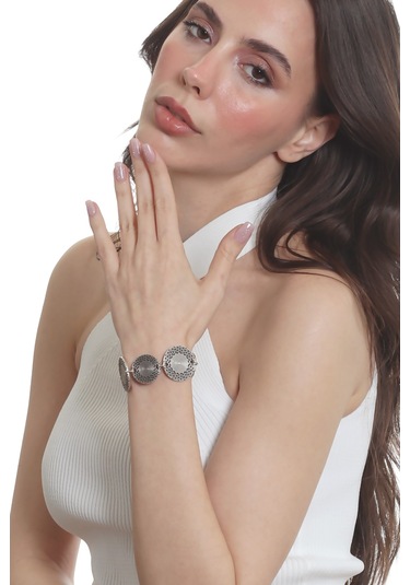 Labalaba Kadın Antik Gümüş Kaplama Ayarlanabilir Zincir Bağlantılı Kesikli Yuvarlak Dokulu Bileklik Gümüş