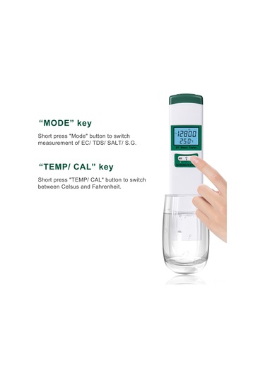 Reedark Bt-98603 Yeşil Su Kalitesi Test Cihazı, 5 Fonksiyonlu Ec/tds/salt/s.g/sıcaklık , Lcd Arka Işıklı, Yüksek Hassasiyet, Pil Dahil Değil