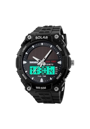 Erkekler Güneş Enerjili Sıradan Kuvars İzle Dijital Ve Analog Çok Fonksiyonlu Spor Saati Siyah Siyah