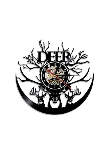 Primepickings Müzik Vinil Kayıt Duvar Saati -geyik Kafası Vinil Duvar Saati - Vinil Saat - Oturma Odası Duva A
