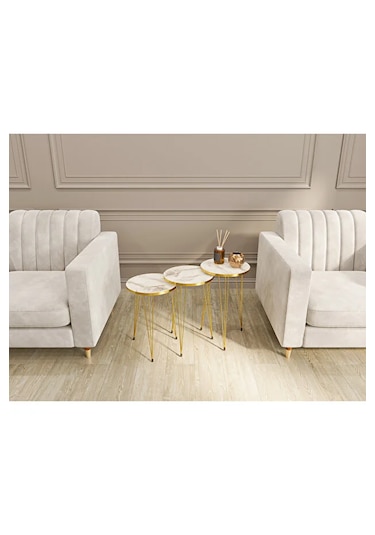 Zigon Sehpa 3'lü Yuvarlak Gold Tel Ayaklı Beyaz Mermer