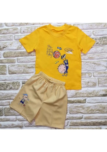 1-2-3 Yaş Topçu Erkek Çocuk Baskılı Şortlu Kısa Kollu Tişört 2li Erkek Bebek Takımı Sarı Sari