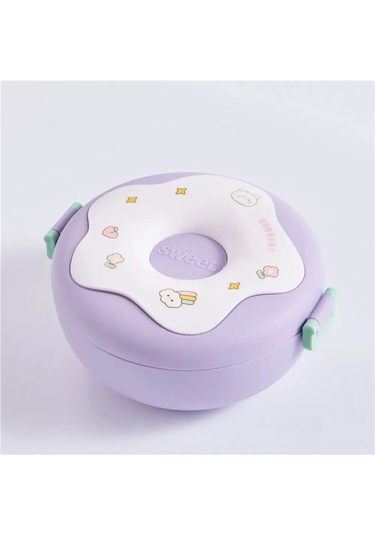 Geeroyoo Çocuklar İçin Pratik Ve Renkli 3 Bölmeli Donut Temalı Yemek Kabı - Sızdırmaz Kapaklı Mor