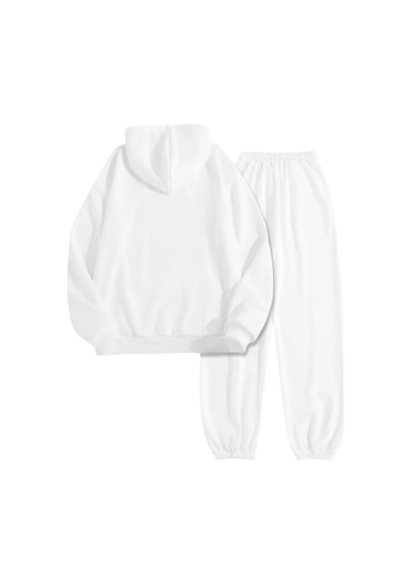 Beyaz Eşofman Takımı Renkli Papağan Baskılı, Kapüşonlu Sweatshirt Ve Jogger Pantolon Beyaz