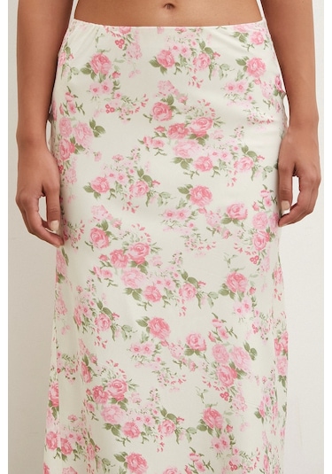 Never More Çiçek Desenli Saten Etek Lila