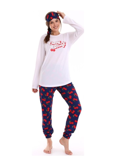 Calimera Kadın Pijama Takımı Uzun Kol Pamuklu Sıfır Yaka Beyaz - Lacivert