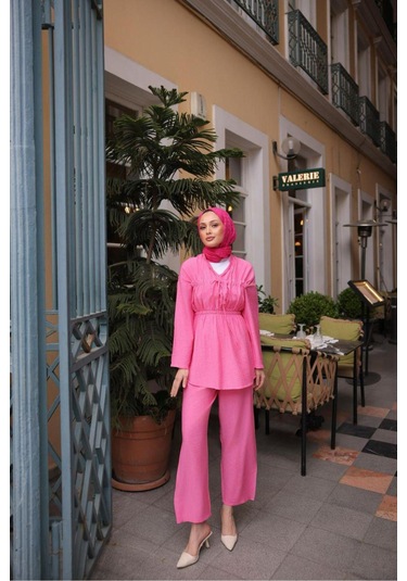 Büzgülü Tunik Takım Pembe