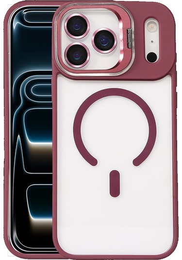 İphone Uyumlu 17 Pro Kılıf Remim Magsafe Lensli Kamera Standlı Kapak Bordo